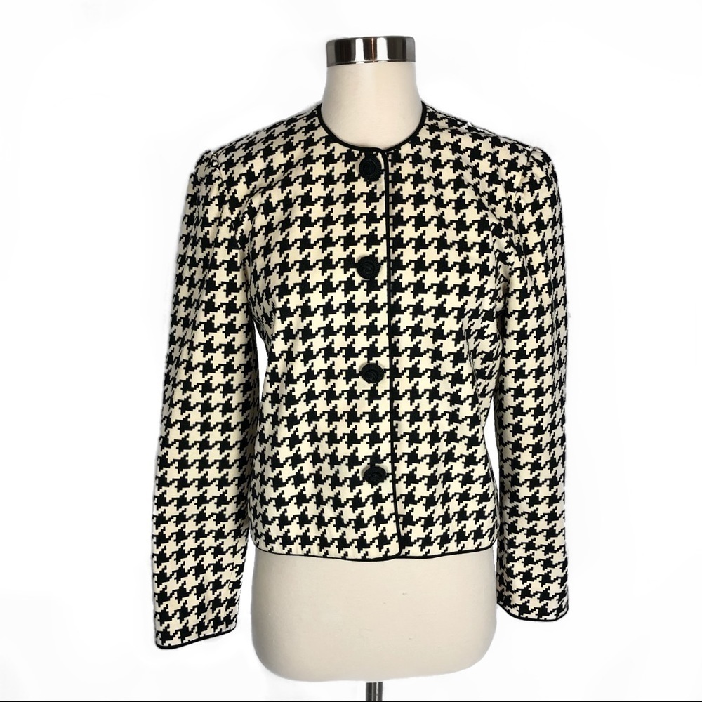 Vintage Cropped‎ Houndstooth Micro Suede Jacket Black & Cream Crew Neck Size 8